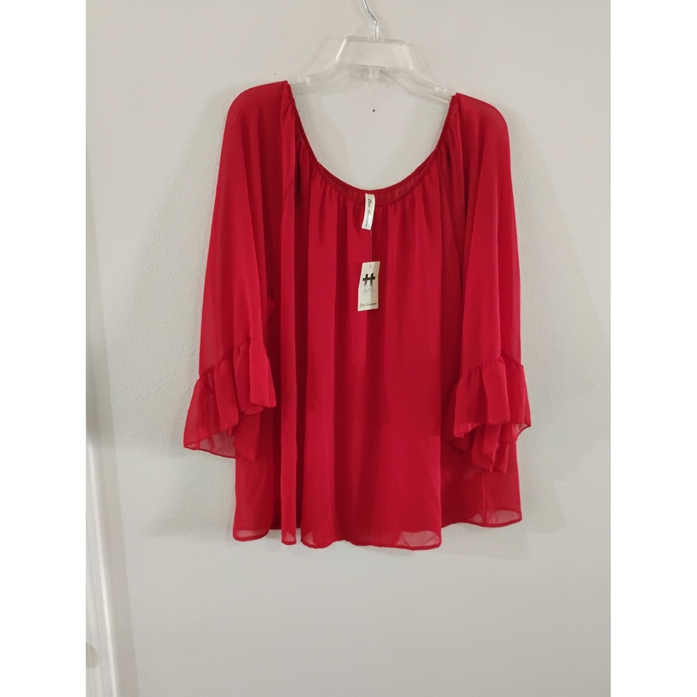 Star Couture Red Chiffon Ruffle Bell Sleeve Blouse Top T4592CH Made in USA L